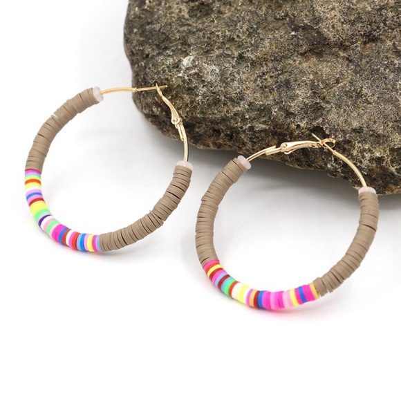 ⚡️2 for $15 Multicolor Round Beaded Hoop Earrings Clay & Zinc Alloy - Picture 2 of 3